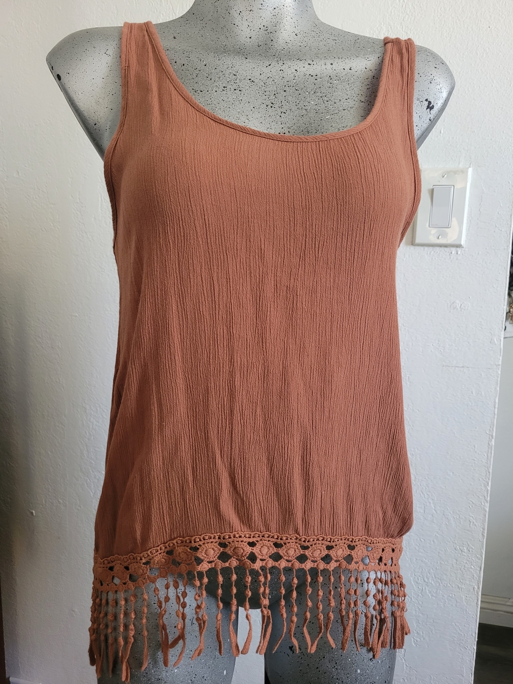 Forever 21 Rust Orange Brown Crochet Hem Tassel Back Tank Top
